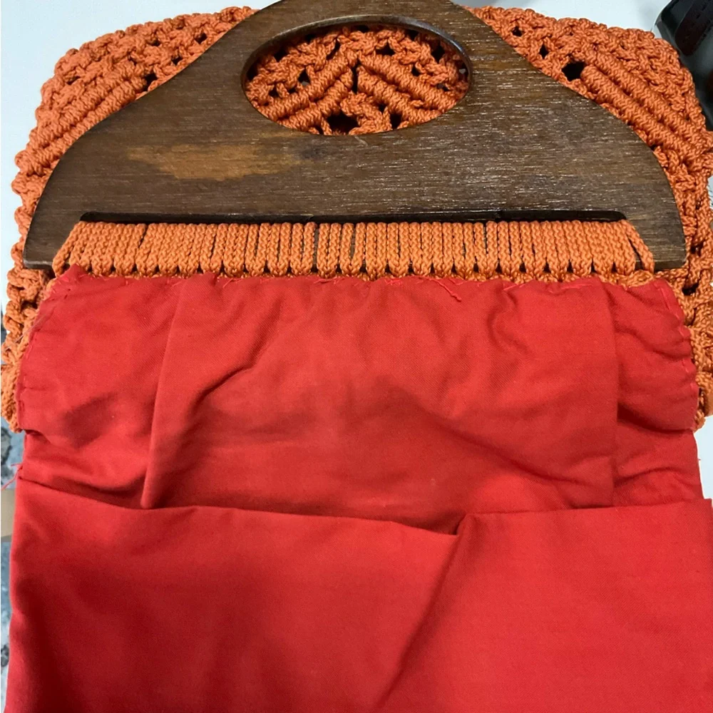 Mid century modern‎ Orange Macramé Tote with Wooden Handle